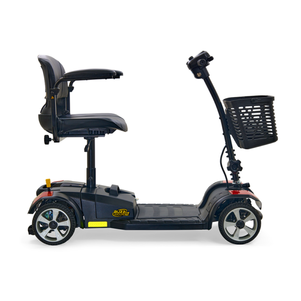 Buzzaround LT 4-Wheel Mobility Scooter with padded seat, four-wheel stability, and a lightweight design for smooth indoor and outdoor use.