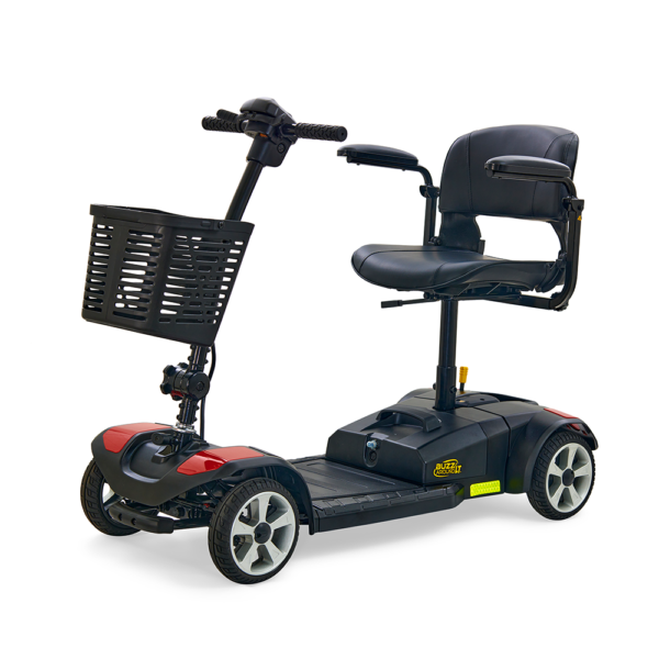 Buzzaround LT 4-Wheel Mobility Scooter with padded seat, four-wheel stability, and a lightweight design for smooth indoor and outdoor use.