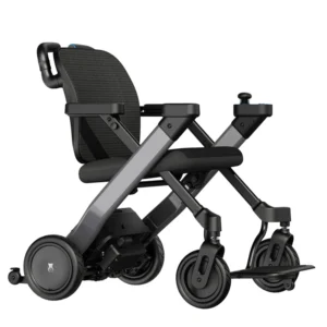 A lightweight, foldable electric wheelchair with dual 180W motors, 8-inch front wheels, 9-inch rear pneumatic wheels, and a sleek design for versatile indoor and outdoor use.