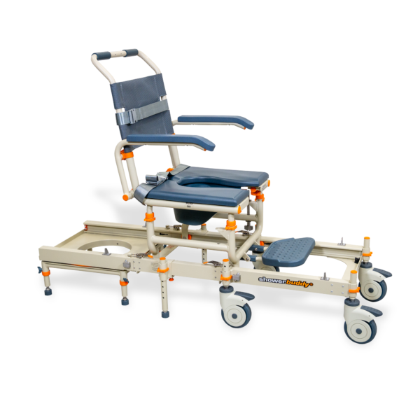 ShowerBuddy shower and commode chair with a padded seat, corrosion-resistant aluminum frame, ergonomic design, and smooth-rolling caster wheels.