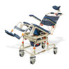 TubBuddy Tilt shower and commode chair with padded seat, adjustable footrests, corrosion-resistant aluminum frame, and tilt-in-space functionality for enhanced comfort.