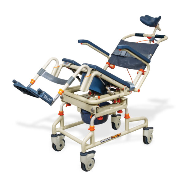 TubBuddy Tilt shower and commode chair with padded seat, adjustable footrests, corrosion-resistant aluminum frame, and tilt-in-space functionality for enhanced comfort.
