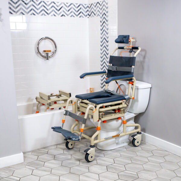 TubBuddy Tilt shower and commode chair with padded seat, adjustable footrests, corrosion-resistant aluminum frame, and tilt-in-space functionality for enhanced comfort.