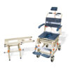 TubBuddy Tilt shower and commode chair with padded seat, adjustable footrests, corrosion-resistant aluminum frame, and tilt-in-space functionality for enhanced comfort.