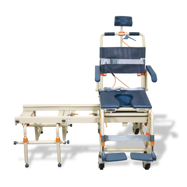 TubBuddy Tilt shower and commode chair with padded seat, adjustable footrests, corrosion-resistant aluminum frame, and tilt-in-space functionality for enhanced comfort.