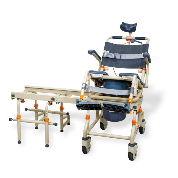 TubBuddy Tilt shower and commode chair with padded seat, adjustable footrests, corrosion-resistant aluminum frame, and tilt-in-space functionality for enhanced comfort.