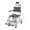 Roll-inBuddy Tilt shower and commode chair with padded seat, headrest, adjustable footrests, and corrosion-resistant frame, designed for enhanced safety and comfort.