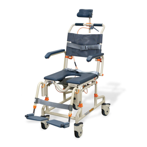 Roll-inBuddy Tilt shower and commode chair with padded seat, headrest, adjustable footrests, and corrosion-resistant frame, designed for enhanced safety and comfort.