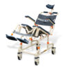 Roll-inBuddy Tilt shower and commode chair with padded seat, headrest, adjustable footrests, and corrosion-resistant frame, designed for enhanced safety and comfort.