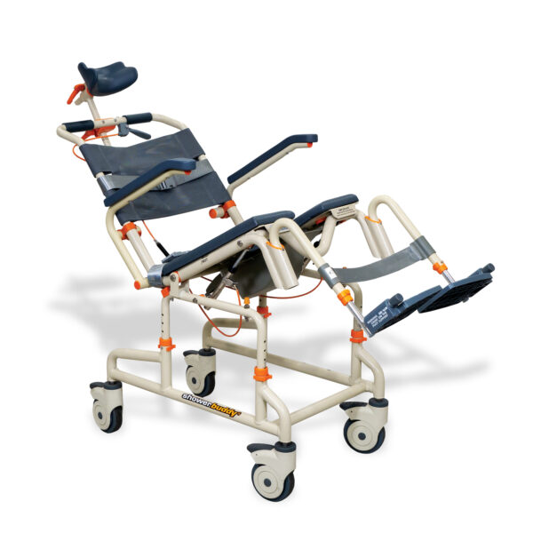 Roll-inBuddy Tilt shower and commode chair with padded seat, headrest, adjustable footrests, and corrosion-resistant frame, designed for enhanced safety and comfort.