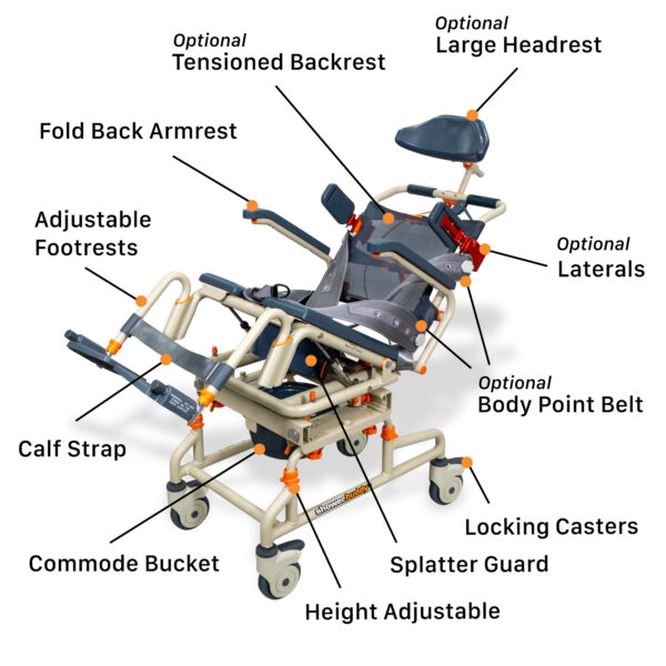 TubBuddy Tilt shower and commode chair with padded seat, adjustable footrests, corrosion-resistant aluminum frame, and tilt-in-space functionality for enhanced comfort.