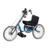 Top End Lil’ Excelerator Handcycle in vibrant red, designed for kids and small adults. The sleek, low-profile frame is equipped with ergonomic hand pedals and three large wheels for stability and smooth maneuverability.