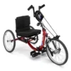Top End Lil’ Excelerator Handcycle in vibrant red, designed for kids and small adults. The sleek, low-profile frame is equipped with ergonomic hand pedals and three large wheels for stability and smooth maneuverability.