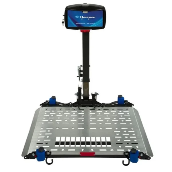Harmar AL500 Universal Powerchair Lift with self-tensioning retractors, foldable 26" x 39" aluminum platform, hitch-mounted for easy powerchair transport.