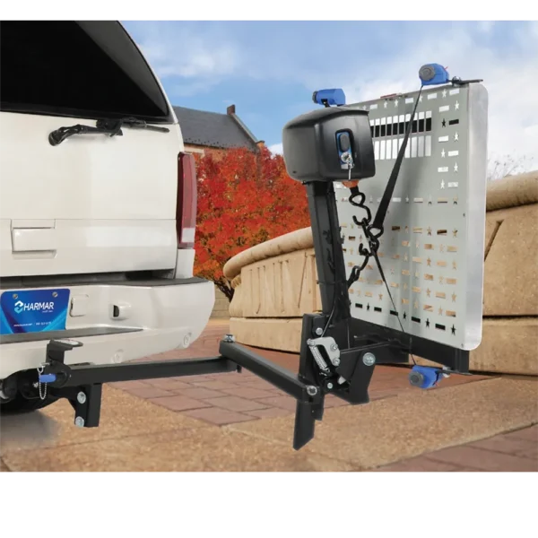 Harmar AL500 Universal Powerchair Lift with self-tensioning retractors, foldable 26" x 39" aluminum platform, hitch-mounted for easy powerchair transport.
