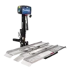 Harmar AL100-DE Exterior Hitch-Mount Platform Lift attached to a vehicle, transporting a mobility scooter with a dual-entry platform.