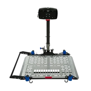 Harmar AL300RV RV Lift mounted on an RV, transporting a scooter with powered lifting and manual fold capabilities.