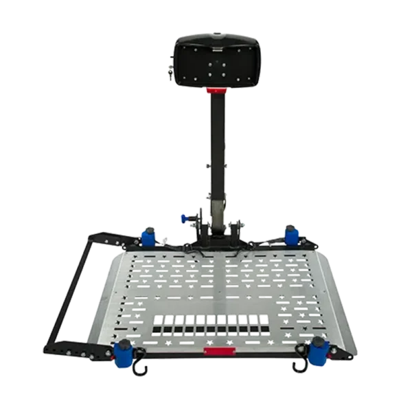 Harmar AL300RV RV Lift mounted on an RV, transporting a scooter with powered lifting and manual fold capabilities.