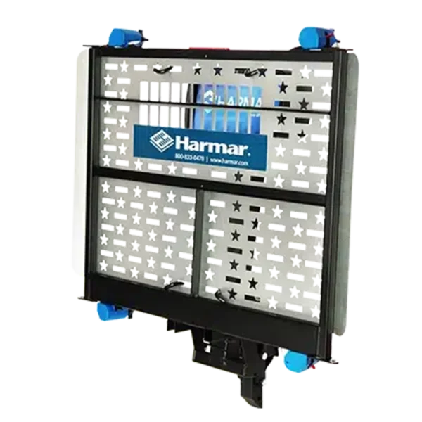 Harmar AL500 Universal Powerchair Lift with self-tensioning retractors, foldable 26" x 39" aluminum platform, hitch-mounted for easy powerchair transport.