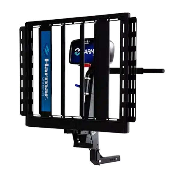 Harmar AL560 Automatic Universal Powerchair Lift mounted to a vehicle, transporting a powerchair with a padded hold-down arm for secure travel.
