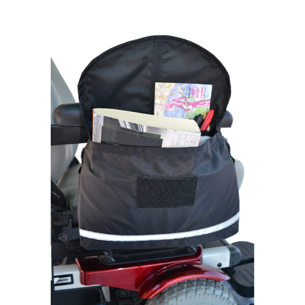 Deluxe Saddle Bag for scooters and wheelchairs with zippered and side pockets, made from weather-resistant nylon with reflective strip for visibility