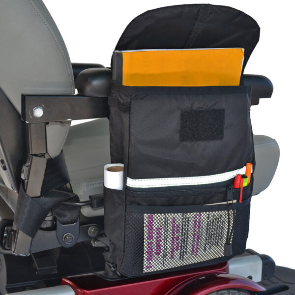 Large Saddle Bag for scooters and wheelchairs, offering secure armrest storage made from weather-resistant nylon with a reflective strip for safety