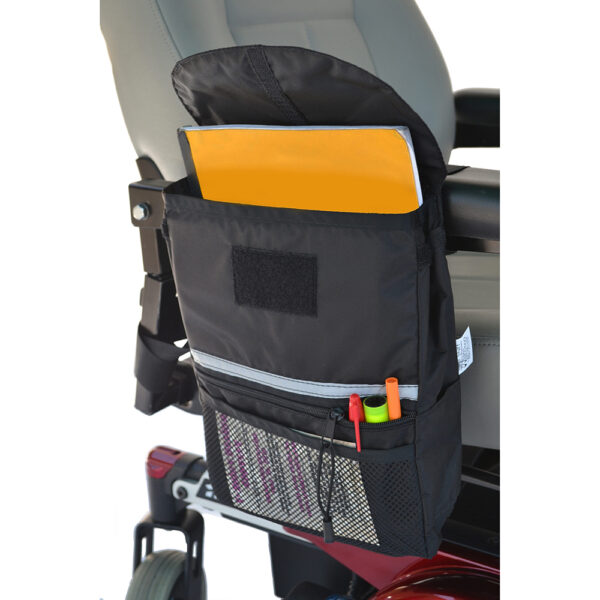 Large Saddle Bag for scooters and wheelchairs, offering secure armrest storage made from weather-resistant nylon with a reflective strip for safety
