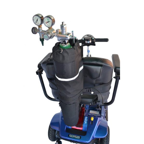 Oxygen Tank Holder for scooters and powerchairs with tool pocket and reflective strip, attaches securely to the seatback for safe oxygen tank transport
