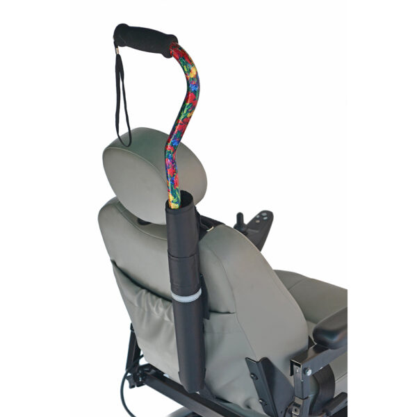 Vertical Cane Holder for scooters and powerchairs, featuring weather-resistant polyester and reflective strip for secure and safe cane storage