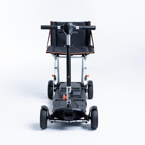 Feather 27X Scooter, ultra-lightweight at 27 lbs, folded compactly for travel, black with red accents, four-wheel design.