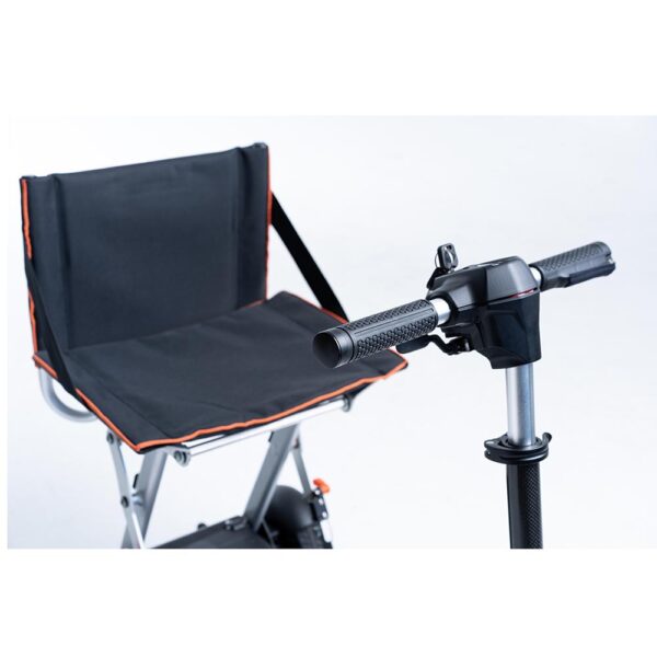 Feather 27X Scooter, ultra-lightweight at 27 lbs, folded compactly for travel, black with red accents, four-wheel design.