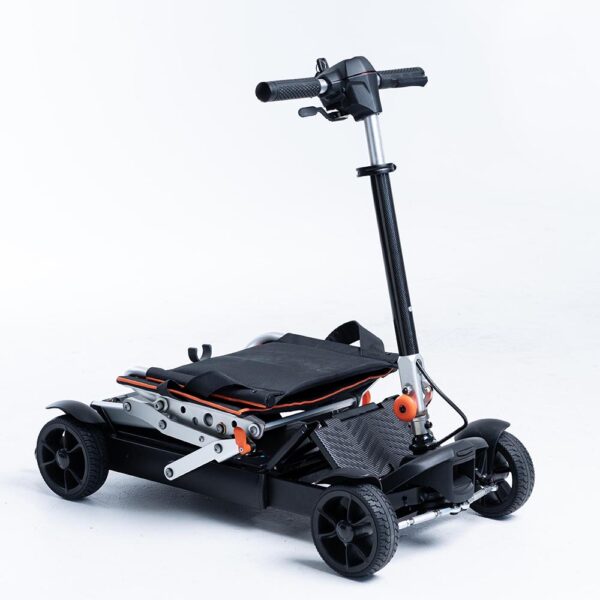 Feather 27X Scooter, ultra-lightweight at 27 lbs, folded compactly for travel, black with red accents, four-wheel design.