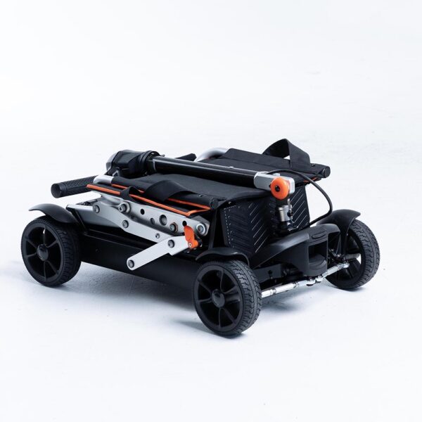 Feather 27X Scooter, ultra-lightweight at 27 lbs, folded compactly for travel, black with red accents, four-wheel design.