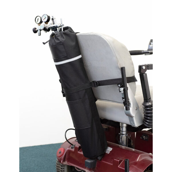 Oxygen Tank Holder for scooters and powerchairs with tool pocket and reflective strip, attaches securely to the seatback for safe oxygen tank transport