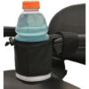 Diestco Unbreakable Cupholder with front mount, designed for scooters, power chairs, and office chairs with an adjustable cord and reflective tape.