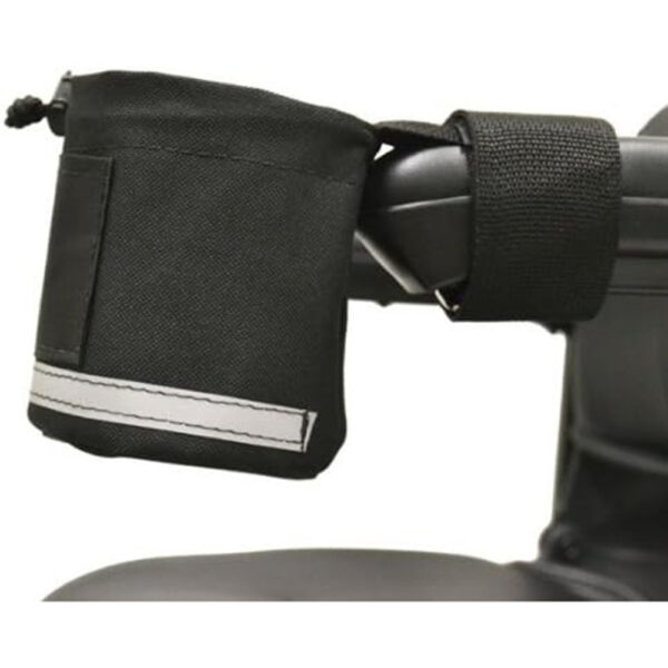 Diestco Unbreakable Cupholder with front mount, designed for scooters, power chairs, and office chairs with an adjustable cord and reflective tape.