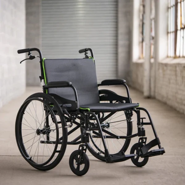 Feather Chair HD lightweight wheelchair in black, with a wide seat and quick-release wheels.