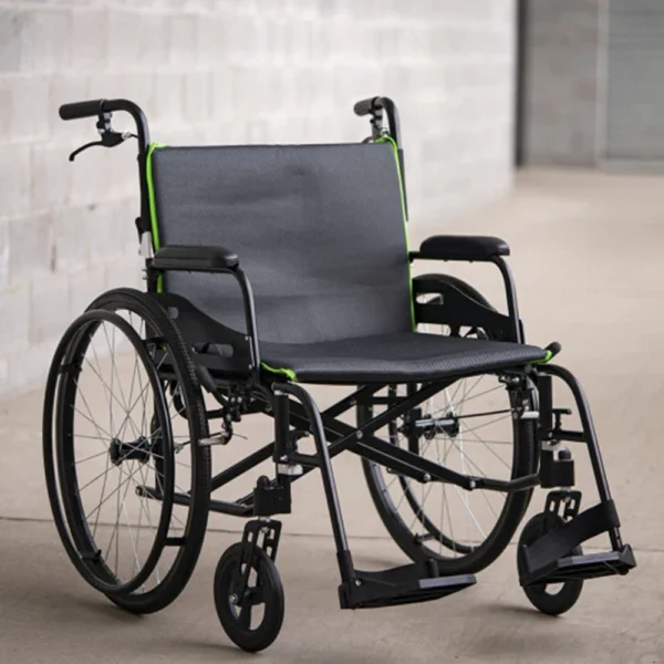 Feather Chair HD lightweight wheelchair in black, with a wide seat and quick-release wheels.