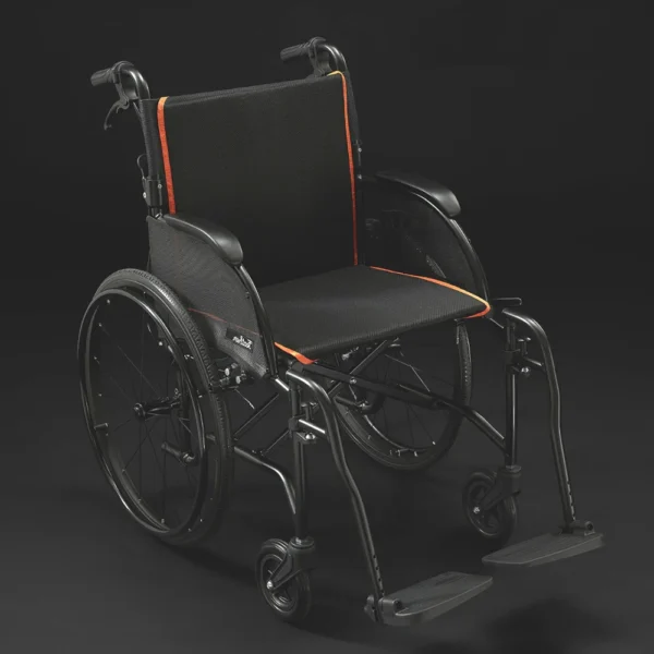 Feather Chair manual wheelchair, ultra-light at 13 lbs, featuring an aluminum frame, large rear wheels, and a foldable design for easy transport and storage.