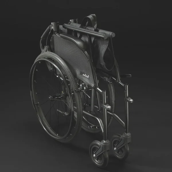 Feather Chair manual wheelchair, ultra-light at 13 lbs, featuring an aluminum frame, large rear wheels, and a foldable design for easy transport and storage.