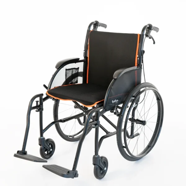 Feather Chair manual wheelchair, ultra-light at 13 lbs, featuring an aluminum frame, large rear wheels, and a foldable design for easy transport and storage.