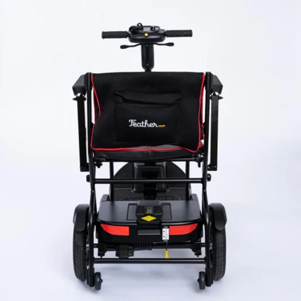 Feather Scooter in black with red trim, lightweight at 37 lbs, foldable design for easy transport and compact storage.