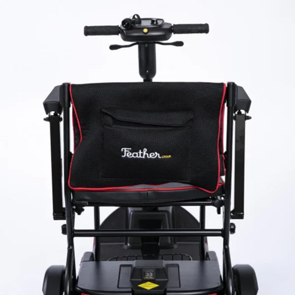 Feather Scooter in black with red trim, lightweight at 37 lbs, foldable design for easy transport and compact storage.