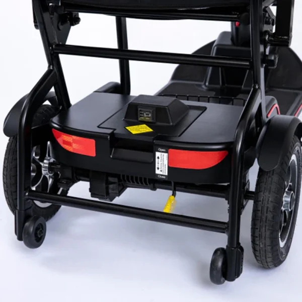 Feather Scooter in black with red trim, lightweight at 37 lbs, foldable design for easy transport and compact storage.