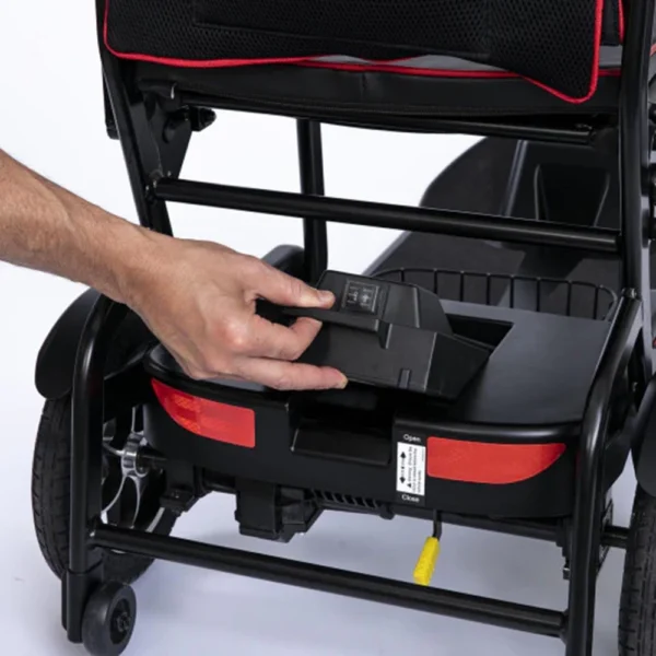Feather Scooter in black with red trim, lightweight at 37 lbs, foldable design for easy transport and compact storage.