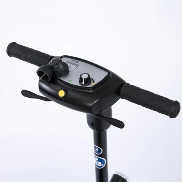 Feather Scooter in black with red trim, lightweight at 37 lbs, foldable design for easy transport and compact storage.