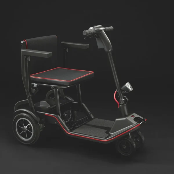 Feather Scooter in black with red trim, lightweight at 37 lbs, foldable design for easy transport and compact storage.