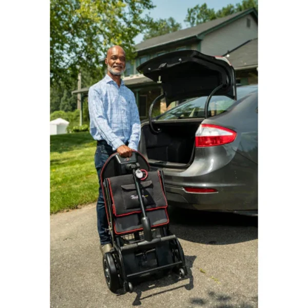 Feather Scooter in black with red trim, lightweight at 37 lbs, foldable design for easy transport and compact storage.