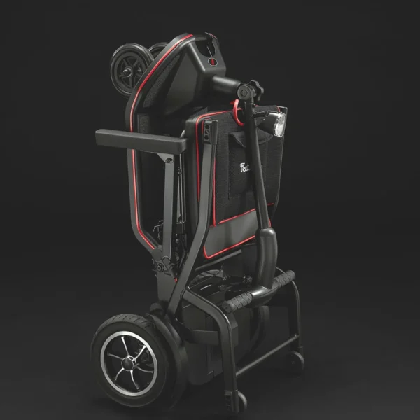 Feather Scooter in black with red trim, lightweight at 37 lbs, foldable design for easy transport and compact storage.