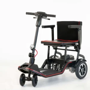 Feather Scooter in black with red trim, lightweight at 37 lbs, foldable design for easy transport and compact storage.